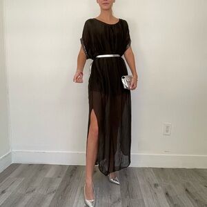 Brown round Neck Short Sleeve Maxi Dress with sequins